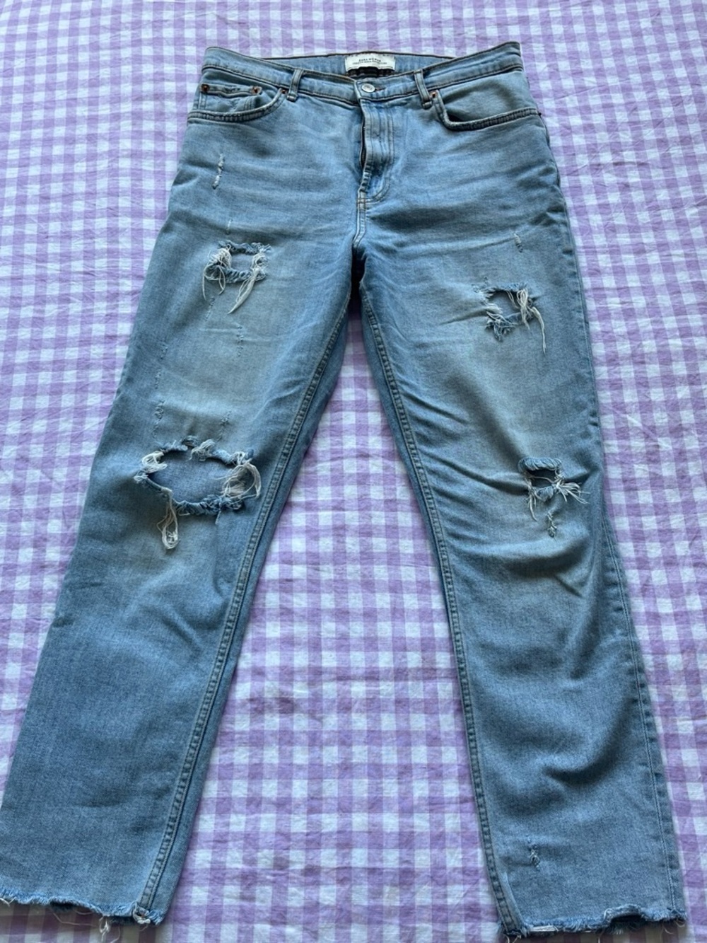Zara Light Blue Straight-Leg Distressed Jeans